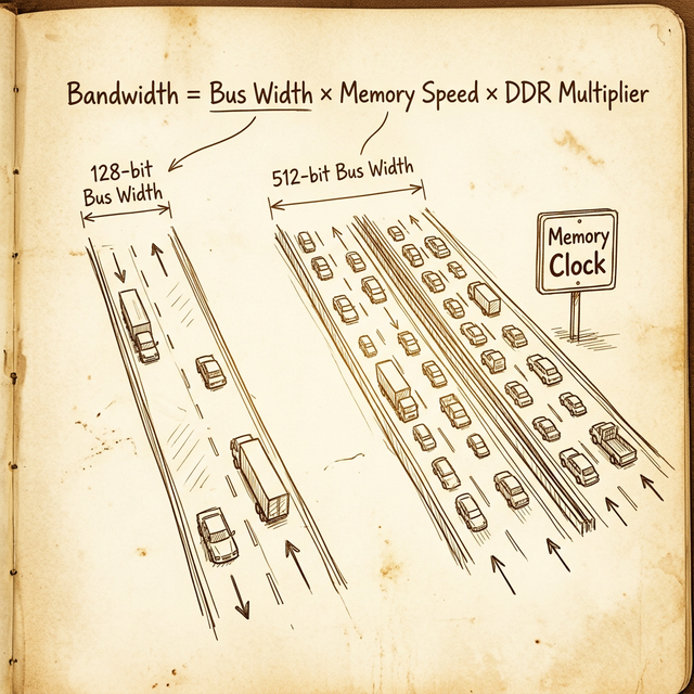 Memory bandwidth as a highway: bus width is the number of lanes, memory clock is the speed limit, and DDR technology determines how many loads each car carries