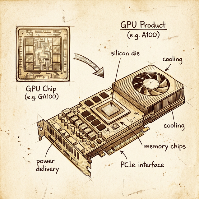 GPU chip (bare silicon die) vs GPU product (full card with cooling, memory, power delivery, and PCIe interface)