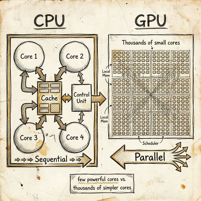 CPU vs GPU architecture: few powerful cores vs thousands of simpler cores